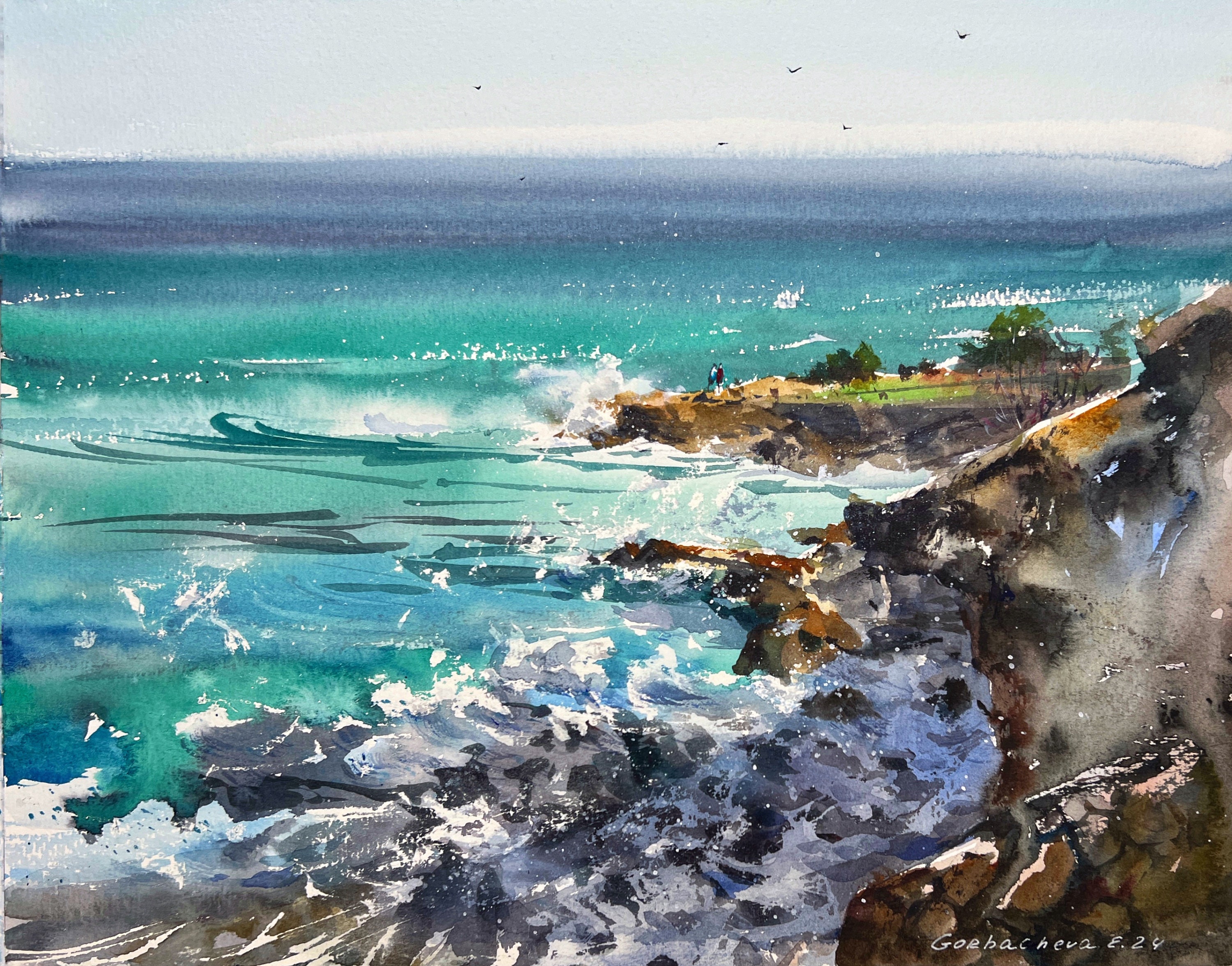 オリジナル水彩画の海景画：抽象的な波と岩の海岸アート - Etsy 日本
