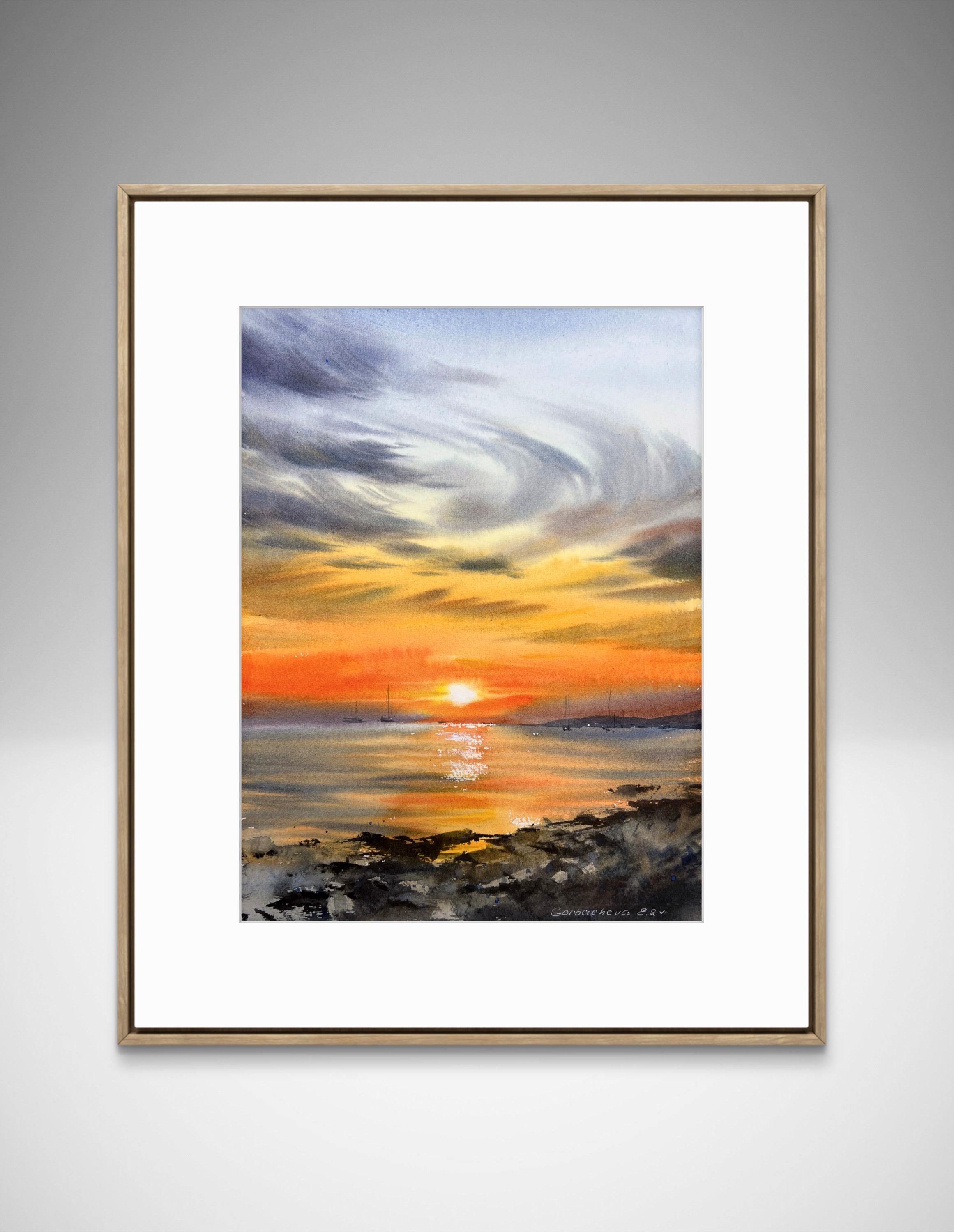 オレンジ色の夕日の沿岸ヨットの水彩画 | オリジナルアート 9 x 12