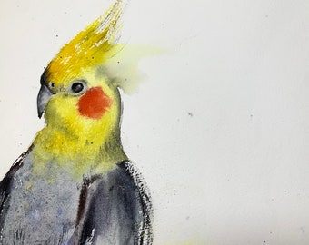 鮮やかなオウムの水彩画、オリジナルのエキゾチックな鳥のアート