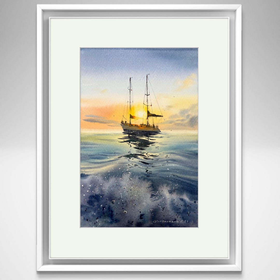 オリジナルの帆船の水彩画 - 夕日のヨットの絵画 - 船乗りのための航海