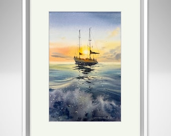 Original Sailboat Watercolor Art - Sunset Yacht Painting - Nautical Gift for Sailors