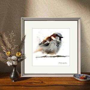 Pintura de gorrión, impresión artística de acuarela de pájaro, arte de pared de pequeño pájaro cantor, póster de animales, regalo para observadores de aves