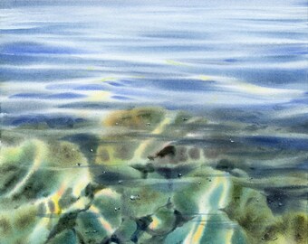 海底の石を描いた水彩画（オリジナル） - 海岸のアート装飾、手描きの