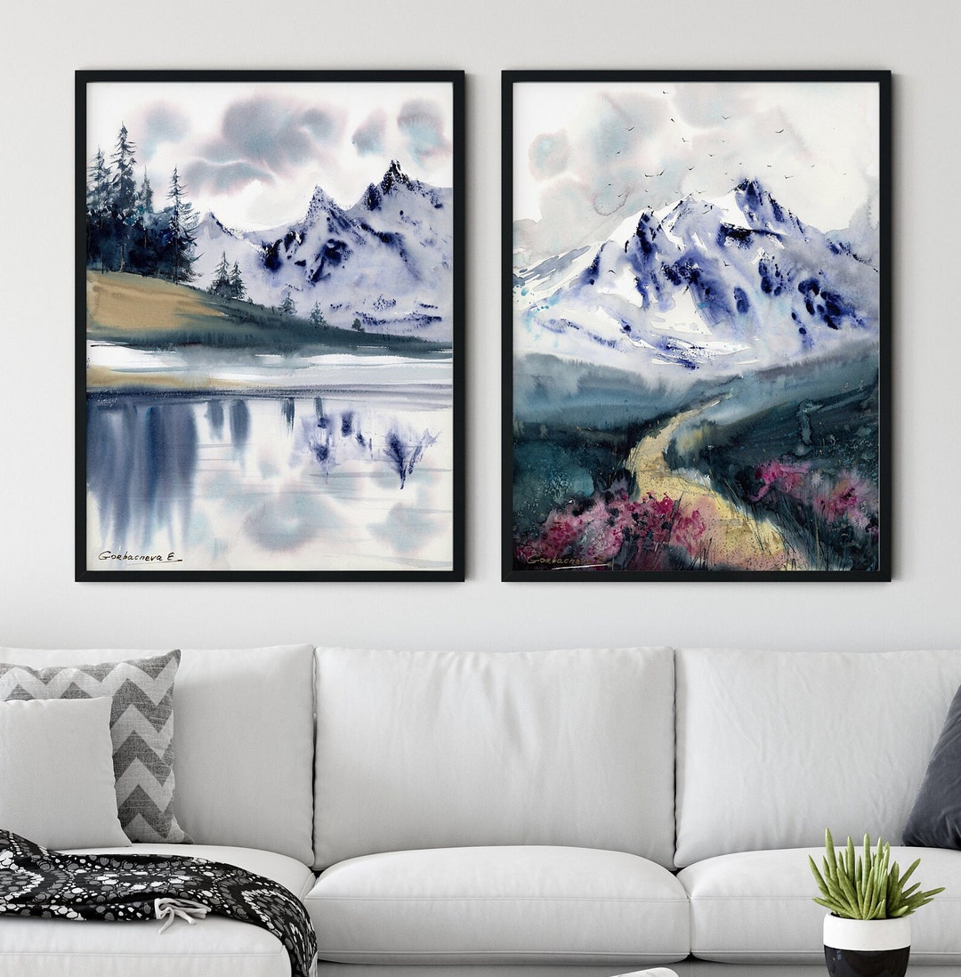 Mountain Lake Watercolor Art Prints: Set of 2, Nature Home Decor - Etsy