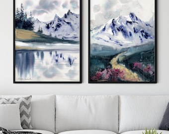Láminas artísticas de acuarela de lago de montaña: Juego de 2, decoración natural para el hogar