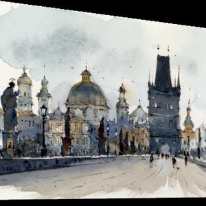 May include: A watercolor painting of a cityscape with a bridge and several buildings. The buildings are a mix of styles, including a tall tower, a domed church, and a few smaller buildings. The bridge is arched and has a stone railing. The painting is done in a muted color palette of grays, blues, and browns.