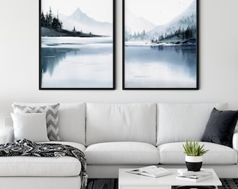 Conjunto de impresiones de montaña en acuarela: paisaje abstracto de lago, decoración de pared natural