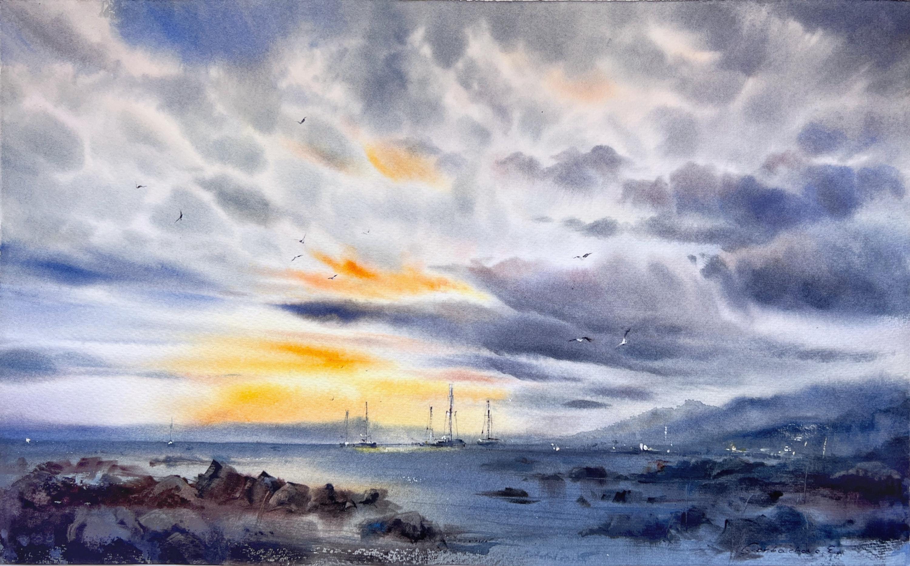 静かな海の水彩画と雲の絵画、ビーチハウス用の海岸沿いの壁アート、22