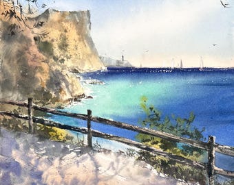 オリジナルの海景水彩画：海岸の壁飾り、ビーチの装飾 - Etsy 日本