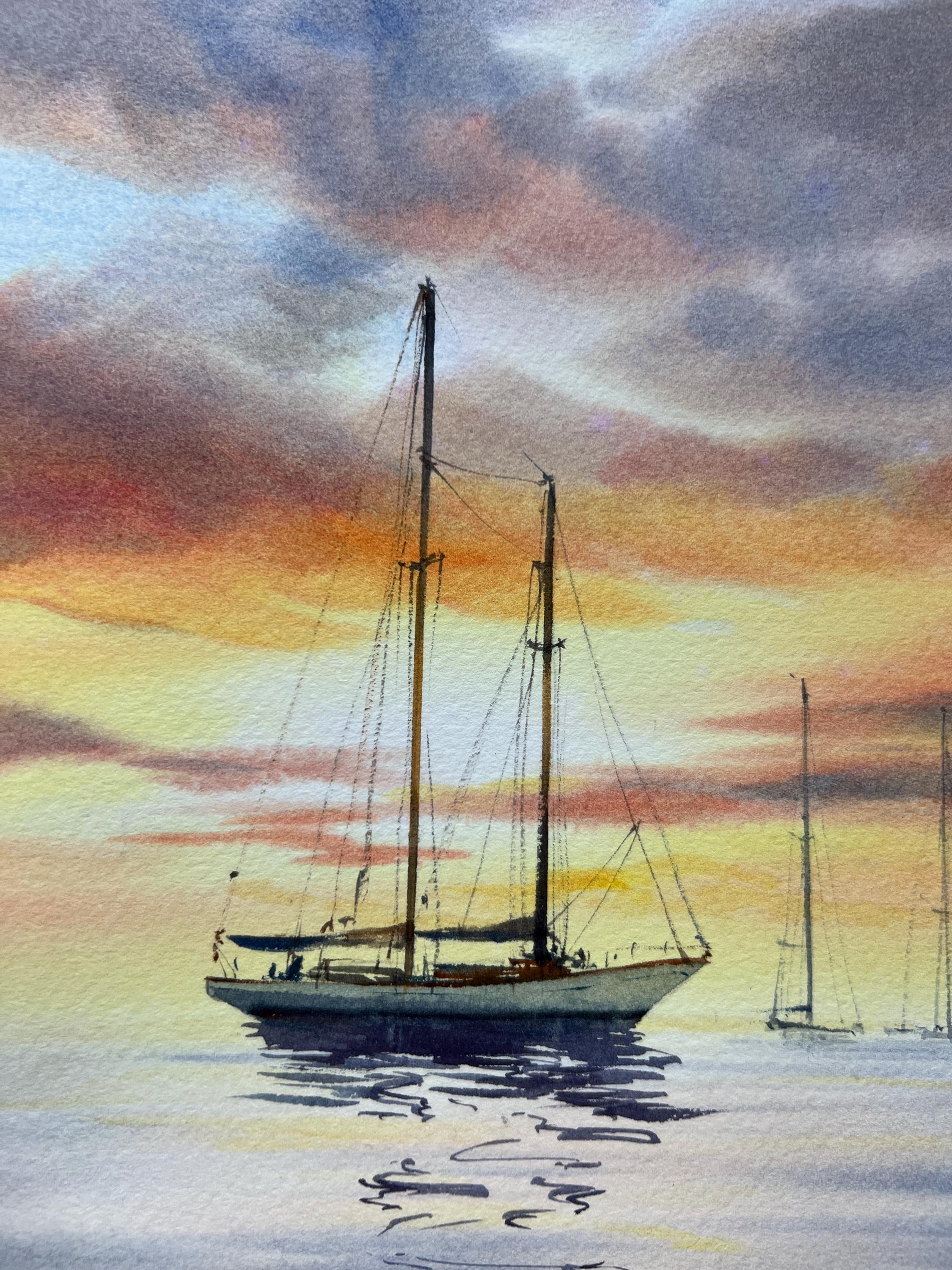 オリジナルの海景水彩画：夕暮れのヨット、航海をテーマにした