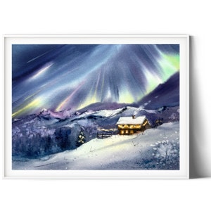Aurora Borealis Painting Watercolor Original, Winter Forest, Northern lights, Snow Landscape, Nordic Wall Art, Christmas Gift