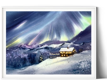 オリジナル水彩画「オーロラの絵画：冬の森の北欧の風景」 - Etsy 日本