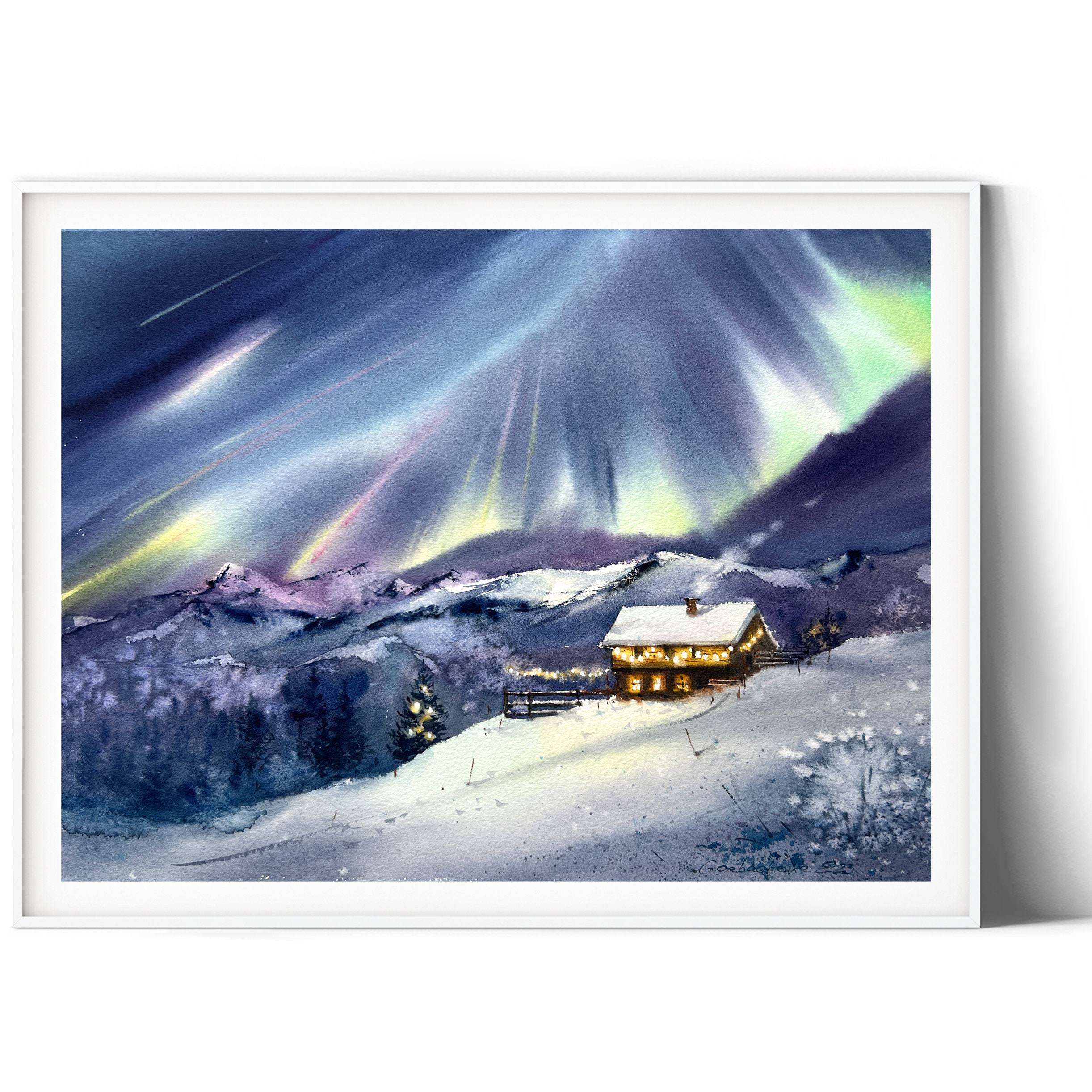 オリジナル水彩画「オーロラの絵画：冬の森の北欧の風景」 - Etsy 日本