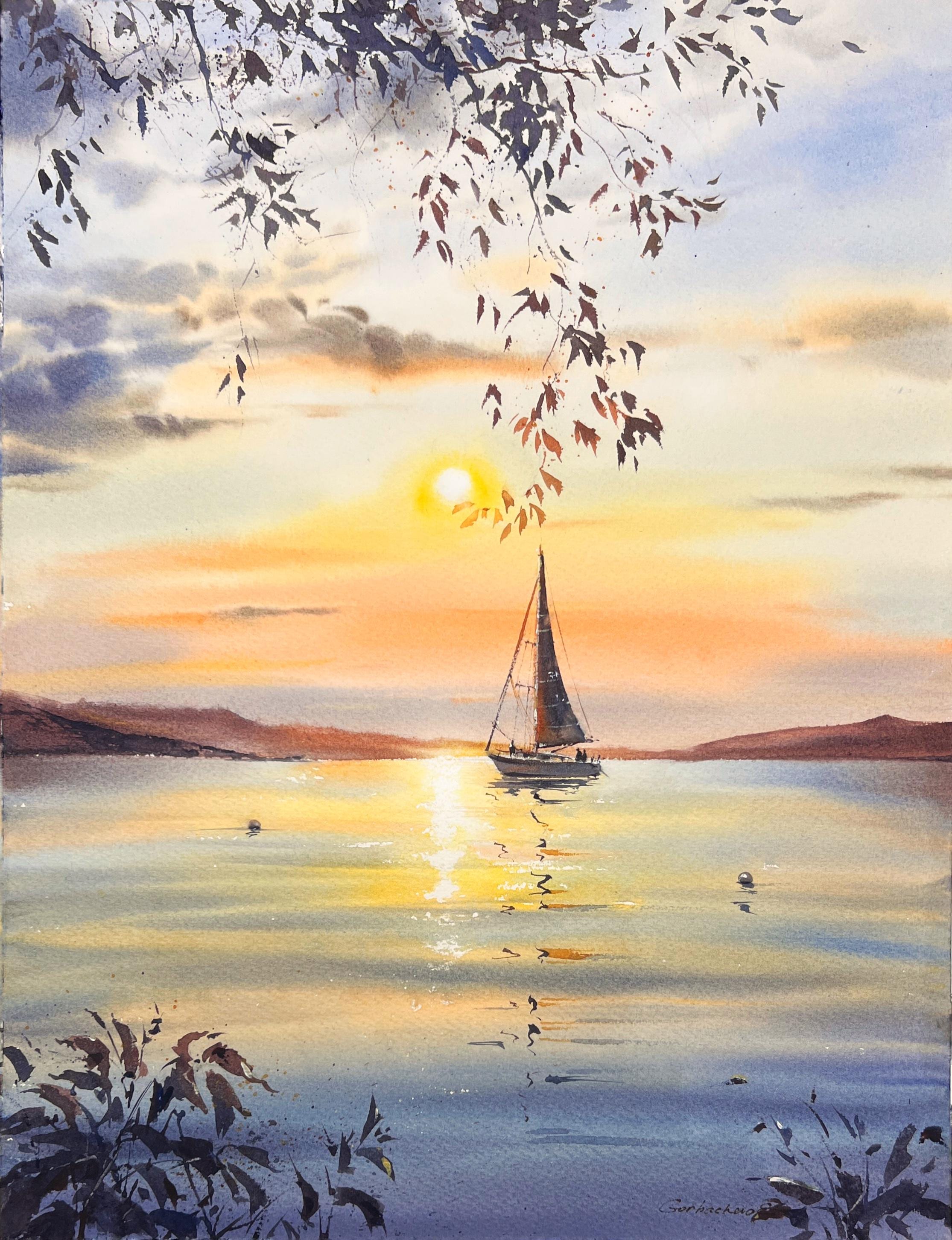 オリジナルのビーチの夕日の絵画、航海をテーマにした壁掛けアート