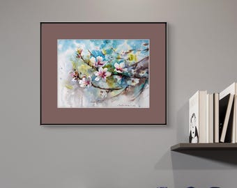 オリジナル水彩画：咲き誇るアーモンドの木の植物画（12 x 16インチ