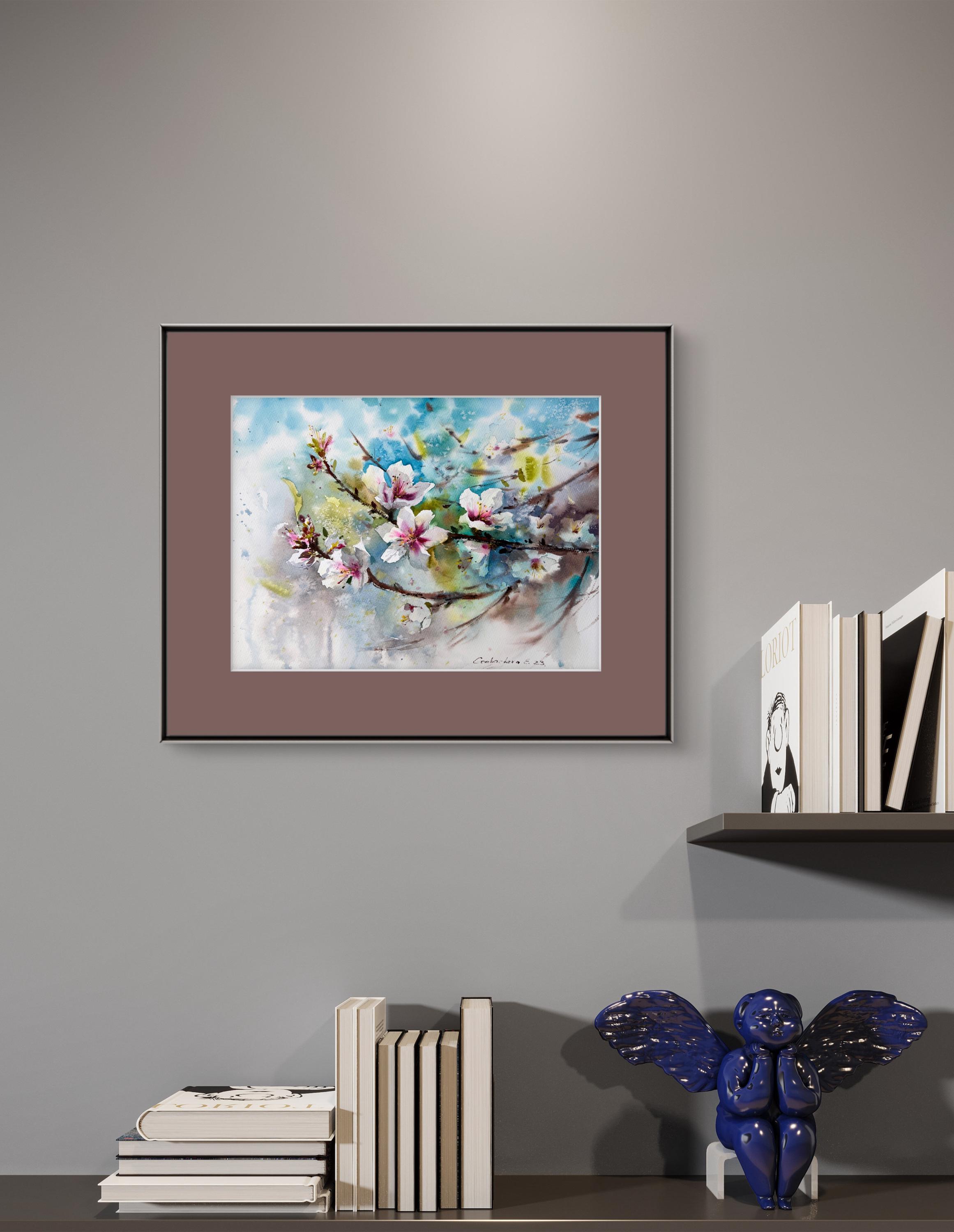 オリジナル水彩画：咲き誇るアーモンドの木の植物画（12 x 16インチ