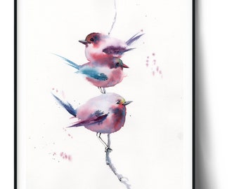 Cute Bird Watercolor Painting, Original Artwork, Gift For Bird Lover, Pink Neutral Art Illustration