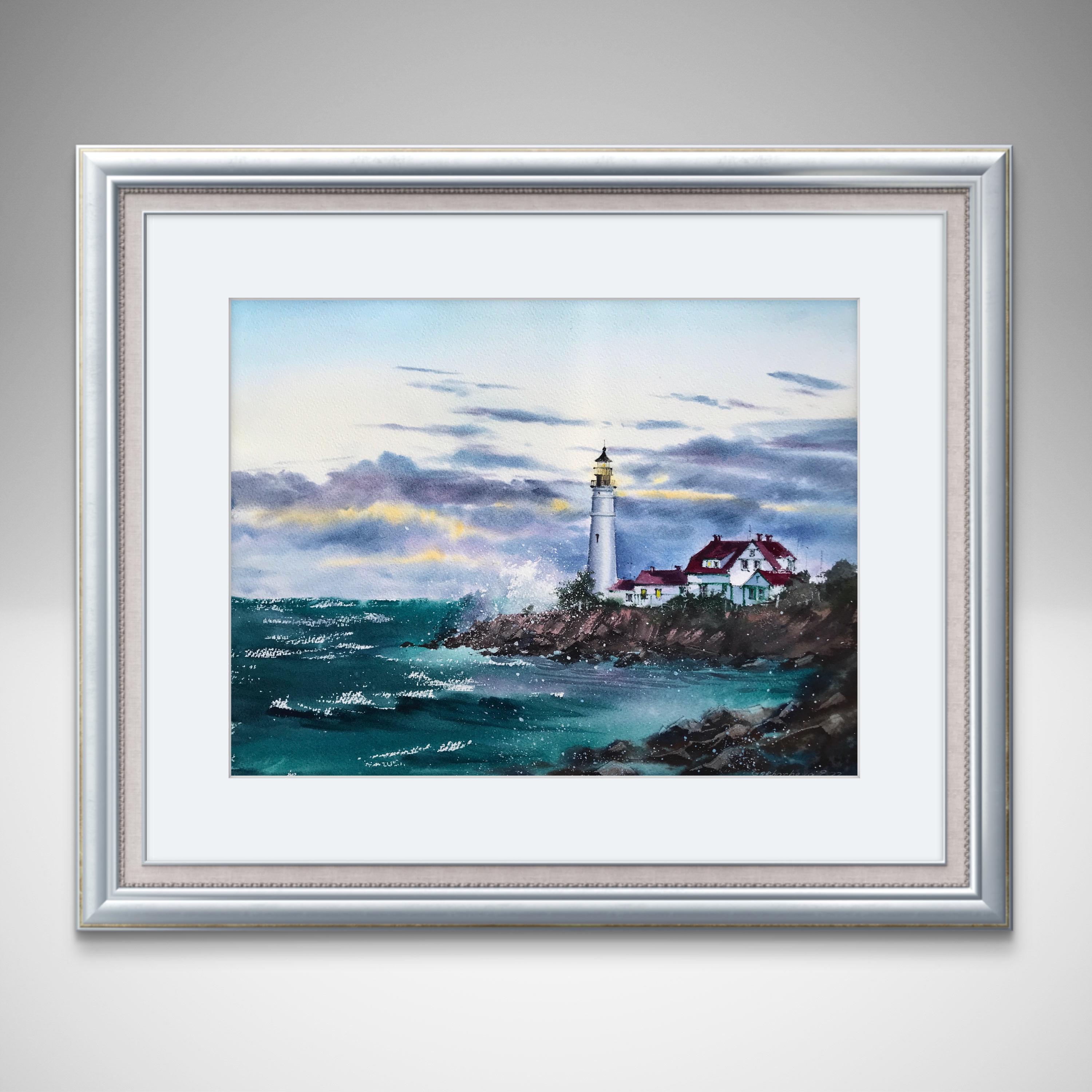 オリジナル水彩画：沿岸灯台アート、嵐の前の灯台＃4（12 x 16インチ