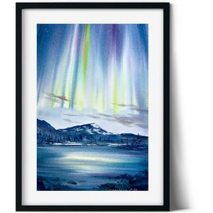 Christmas Painting, Small Watercolor Original, Aurora Borealis, Night Sky, Northern lights, Snowy Landscape Art