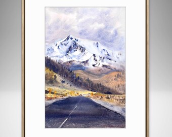 雪山の頂上 オリジナル水彩画 冬の風景 手描きの雪山 手描きの水彩画