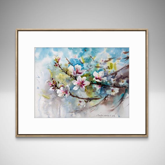 オリジナル水彩画：咲き誇るアーモンドの木の植物画（12 x 16インチ