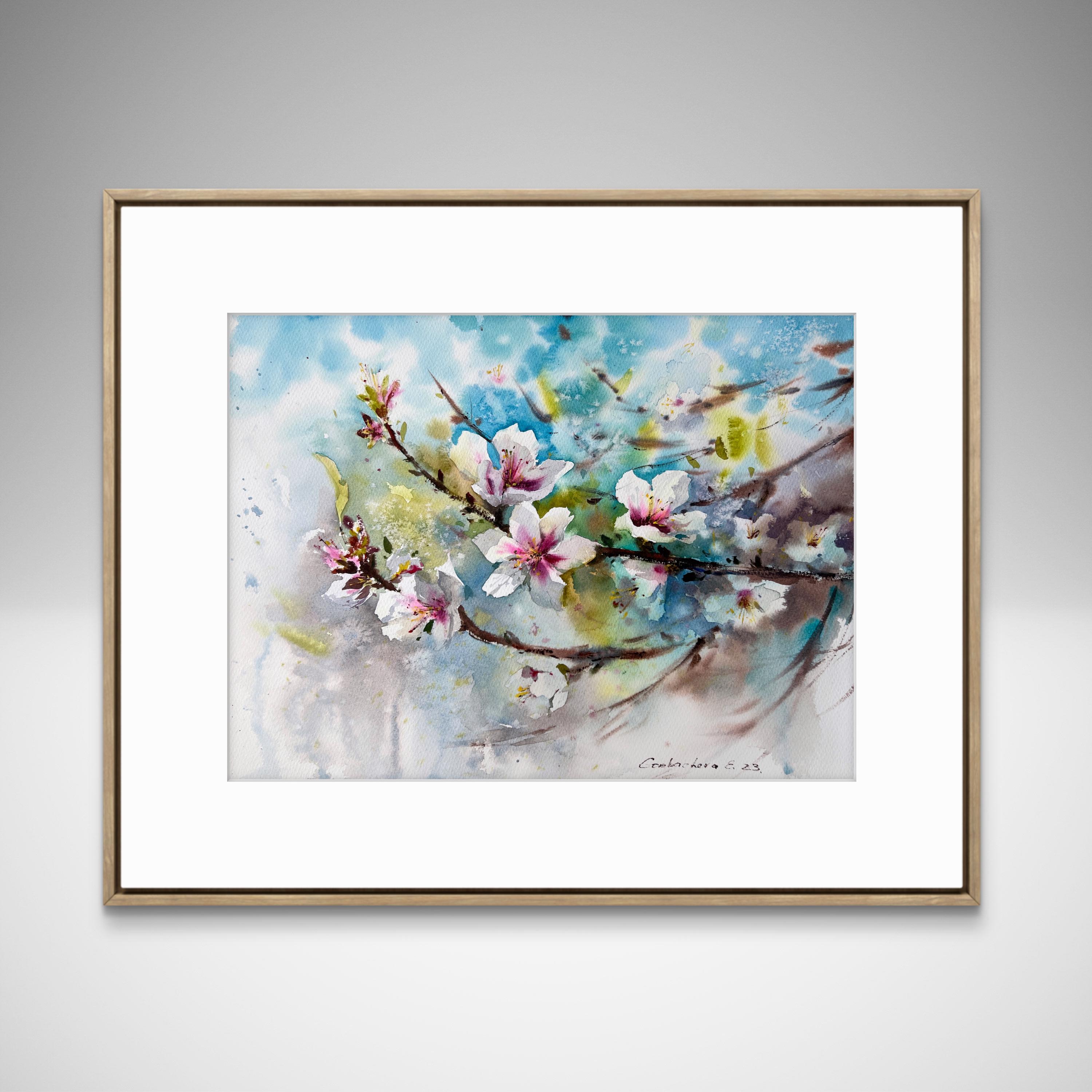 オリジナル水彩画：咲き誇るアーモンドの木の植物画（12 x 16インチ