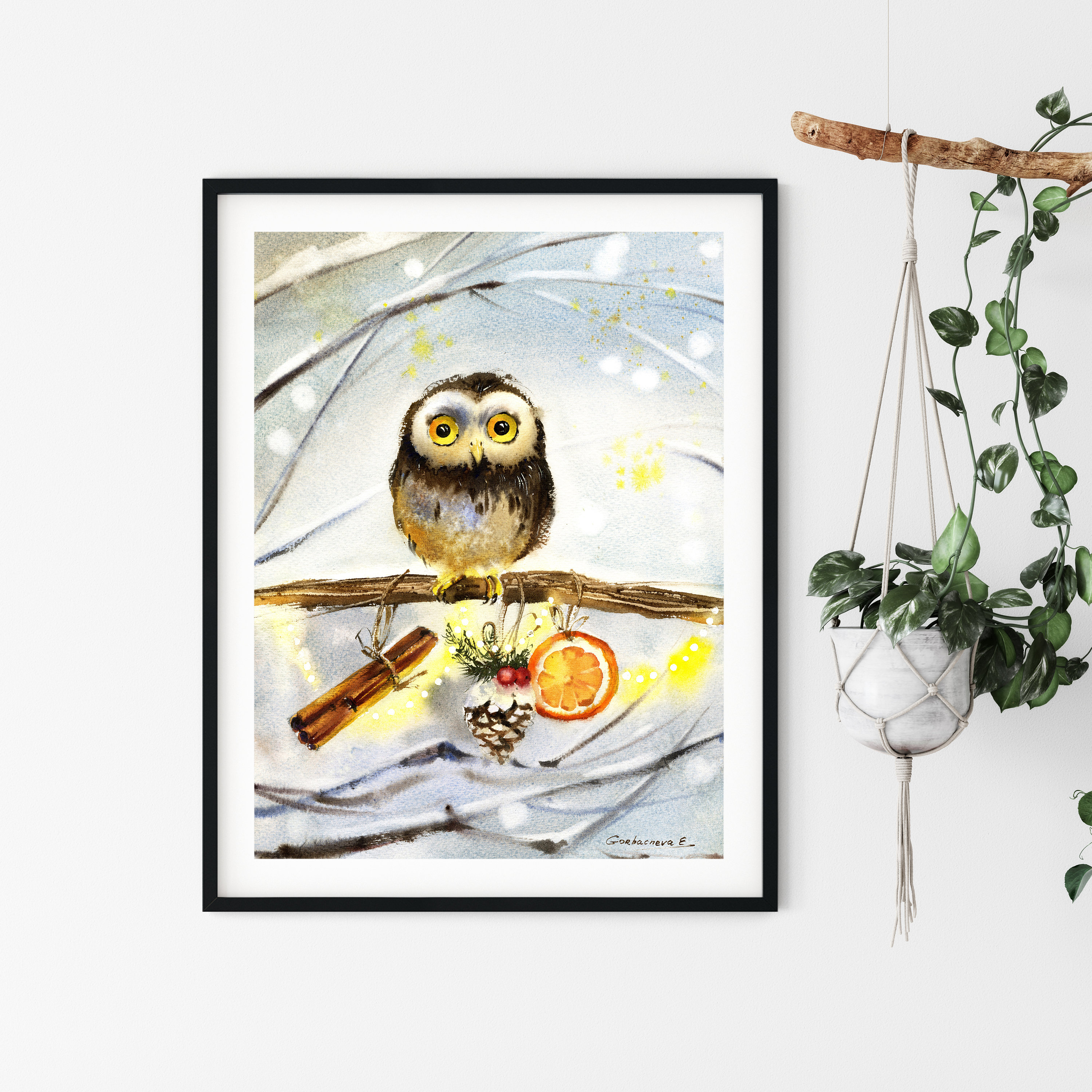 Christmas Owl Watercolor Art Print: Woodland Nursery Decor