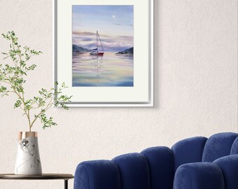 オリジナル水彩画：帆船の海岸風景画（12 x 16インチ） - Etsy 日本