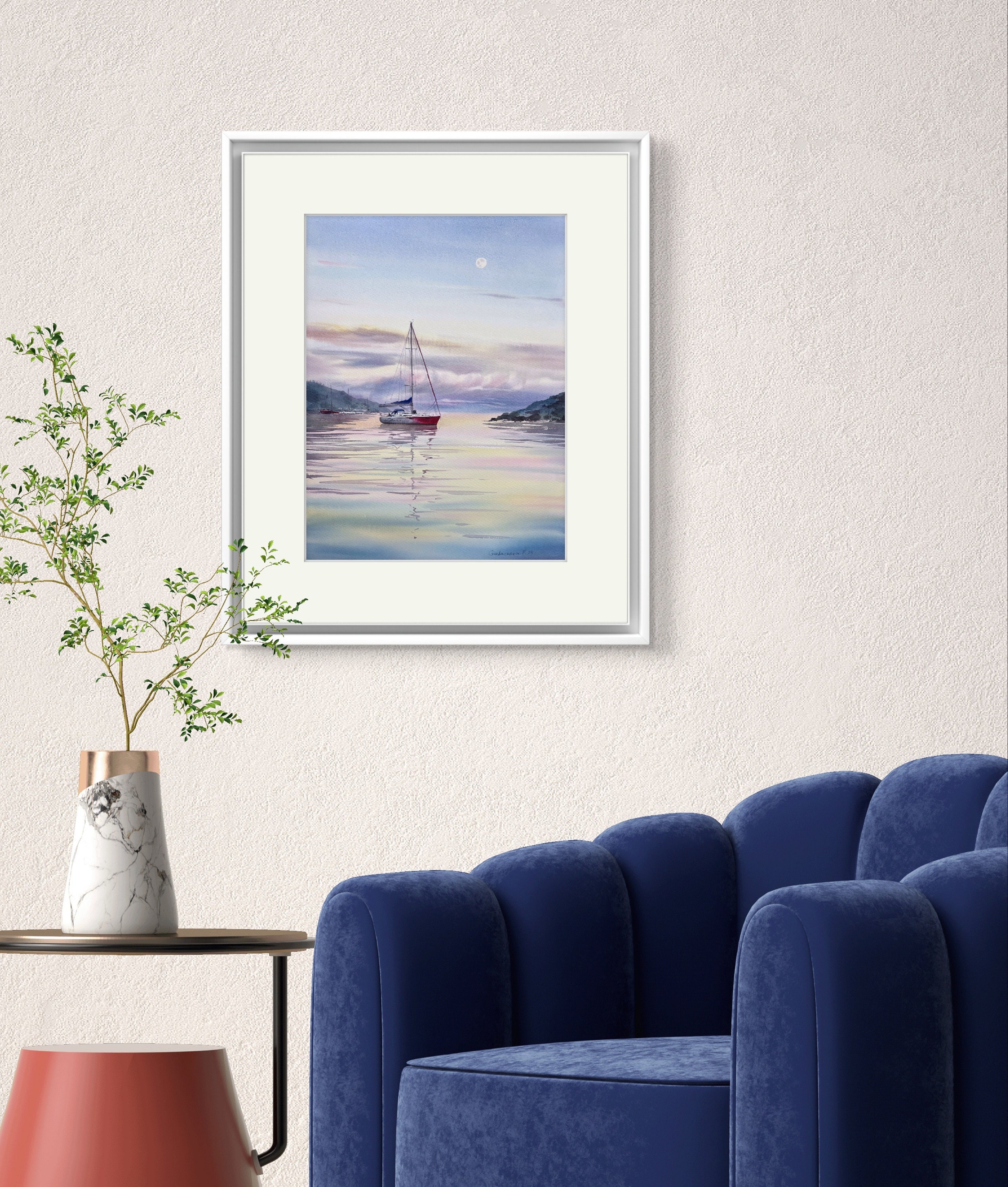 オリジナル水彩画：帆船の海岸風景画（12 x 16インチ） - Etsy 日本