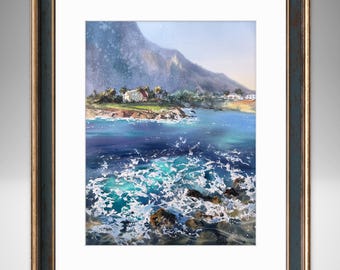 オリジナル海景水彩画：キプロスの海岸沿いの家、海の波のアート（12 x