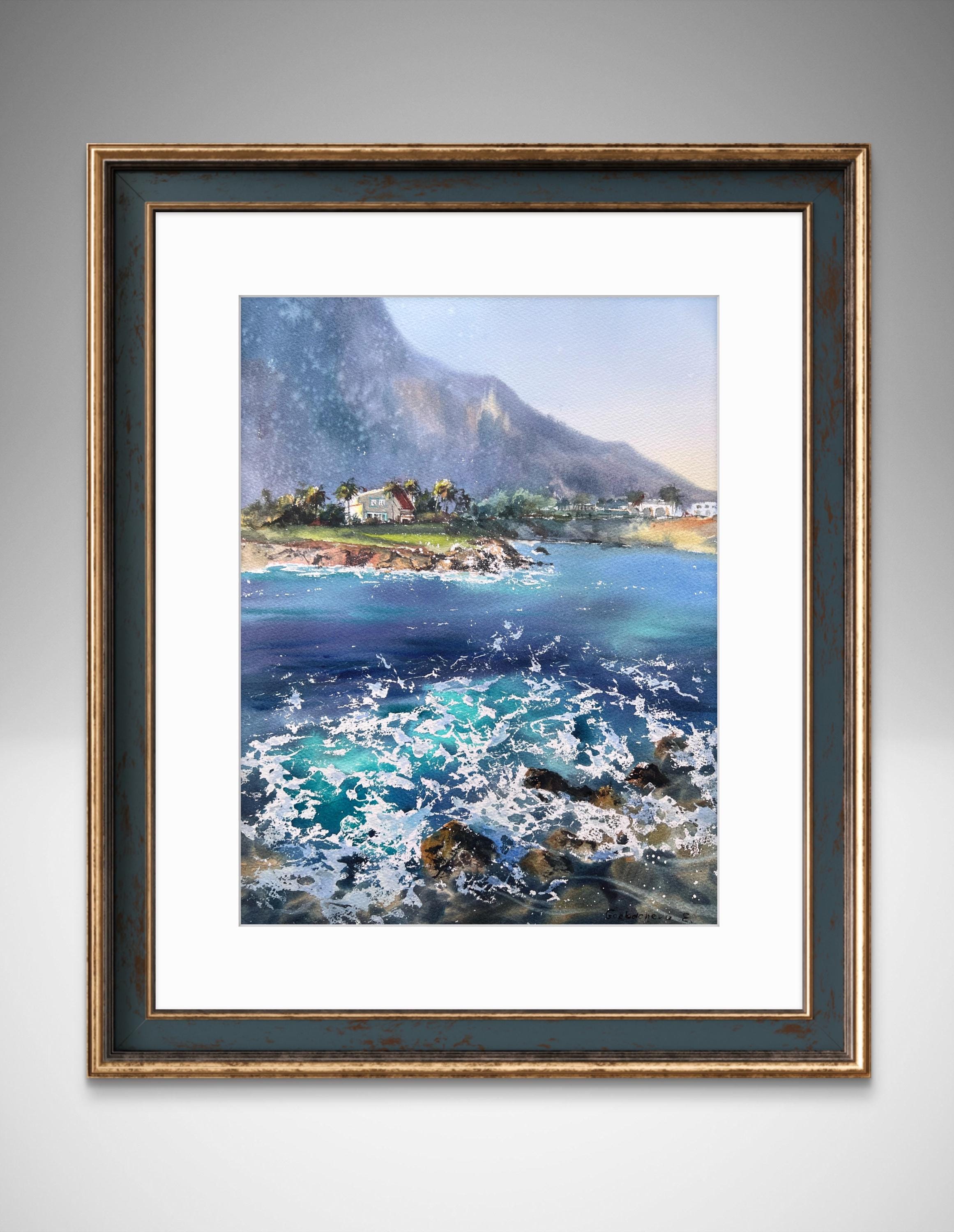 オリジナル海景水彩画：キプロスの海岸沿いの家、海の波のアート（12 x