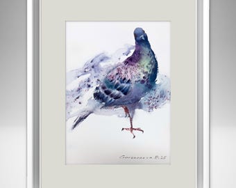 都市旅行者 - カワラバトを描いたオリジナルの小さな水彩画 - Etsy 日本