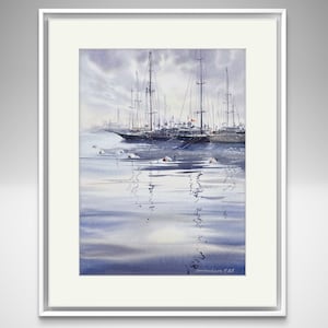 Original Watercolor Marina Painting: Coastal Seascape Art, 12x9&quot;