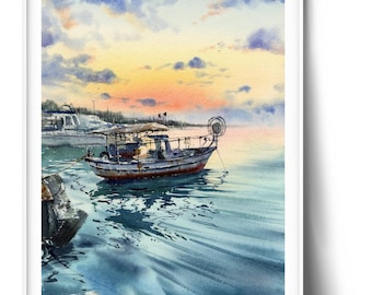 日没時の漁船オリジナル水彩画、ボートの絵、黄色オレンジ色のボートの