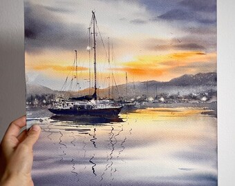 水彩画のマリーナ：陽光に照らされたヨット、海岸の風景 - Etsy 日本
