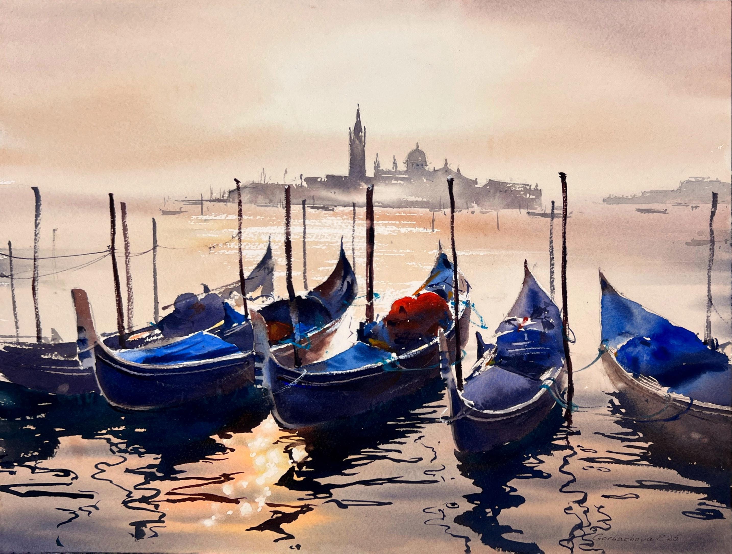 ヴェネツィアの水彩画：ゴンドラとスカイライン - イタリア印象派美術
