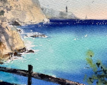 オリジナルの海景水彩画：海岸の壁飾り、ビーチの装飾 - Etsy 日本