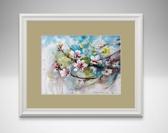 オリジナル水彩画：咲き誇るアーモンドの木の植物画（12 x 16インチ