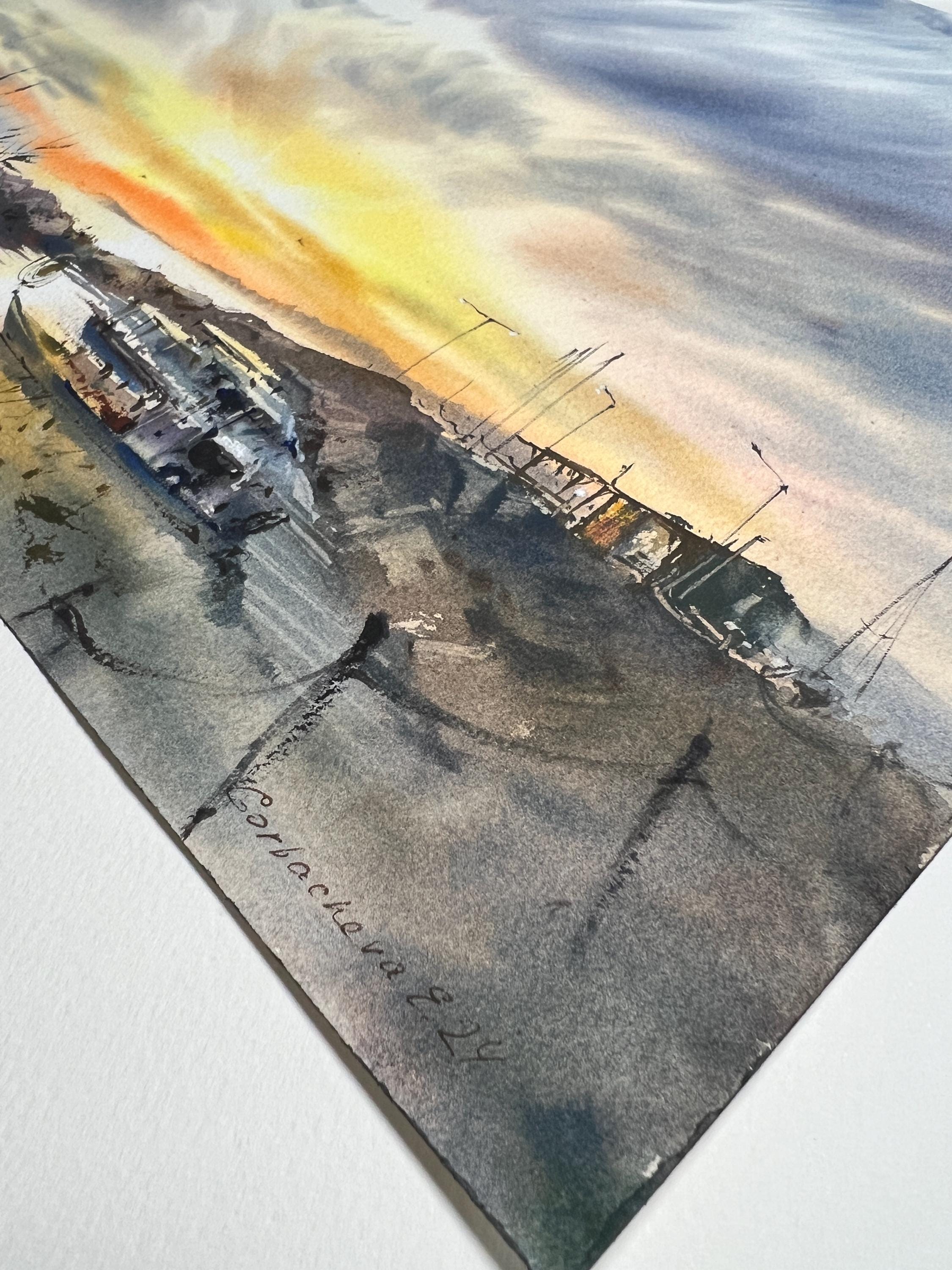 漁船桟橋の水彩画 - 黄色い夕焼けの風景 - オリジナル絵画 - Etsy 日本
