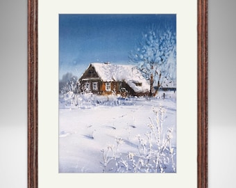 Rustiek winterlandschap: origineel aquarelschilderij (9 x 12 in)