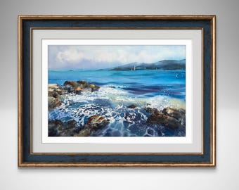 水彩画 海岸風景 T.Ishii サイン入り 額装 オリジナル海景水彩画：海岸沿いのビーチハウスアート（22 x 15インチ
