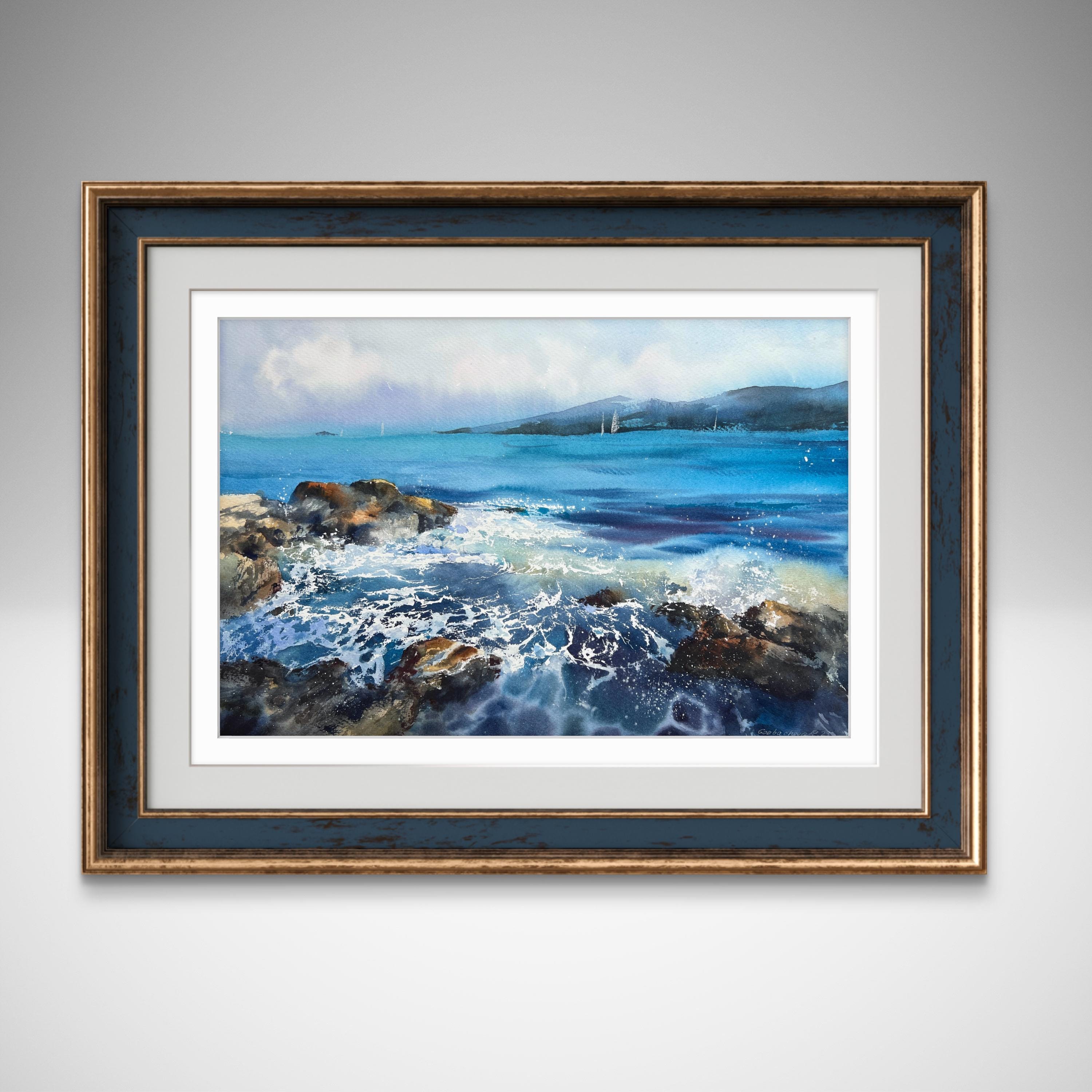 オリジナル海景水彩画：海岸沿いのビーチハウスアート（22 x 15インチ