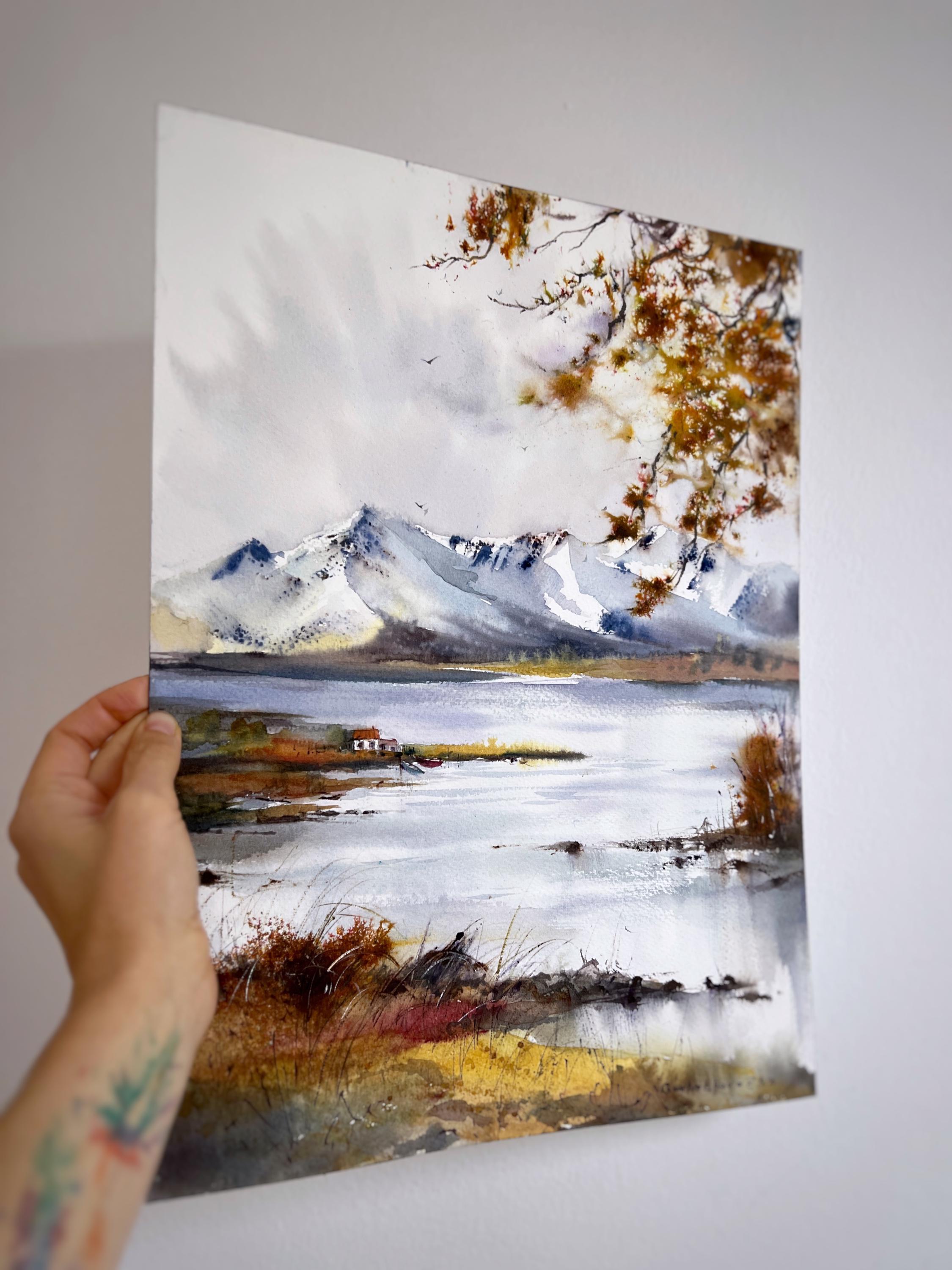 水彩画で描かれた山と湖：秋の風景画（12 x 16インチ） - Etsy 日本
