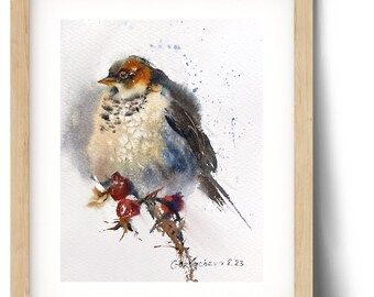 オリジナル水彩画「鳥の絵：灰色の鳥と赤いベリー」7x9インチ - Etsy 日本