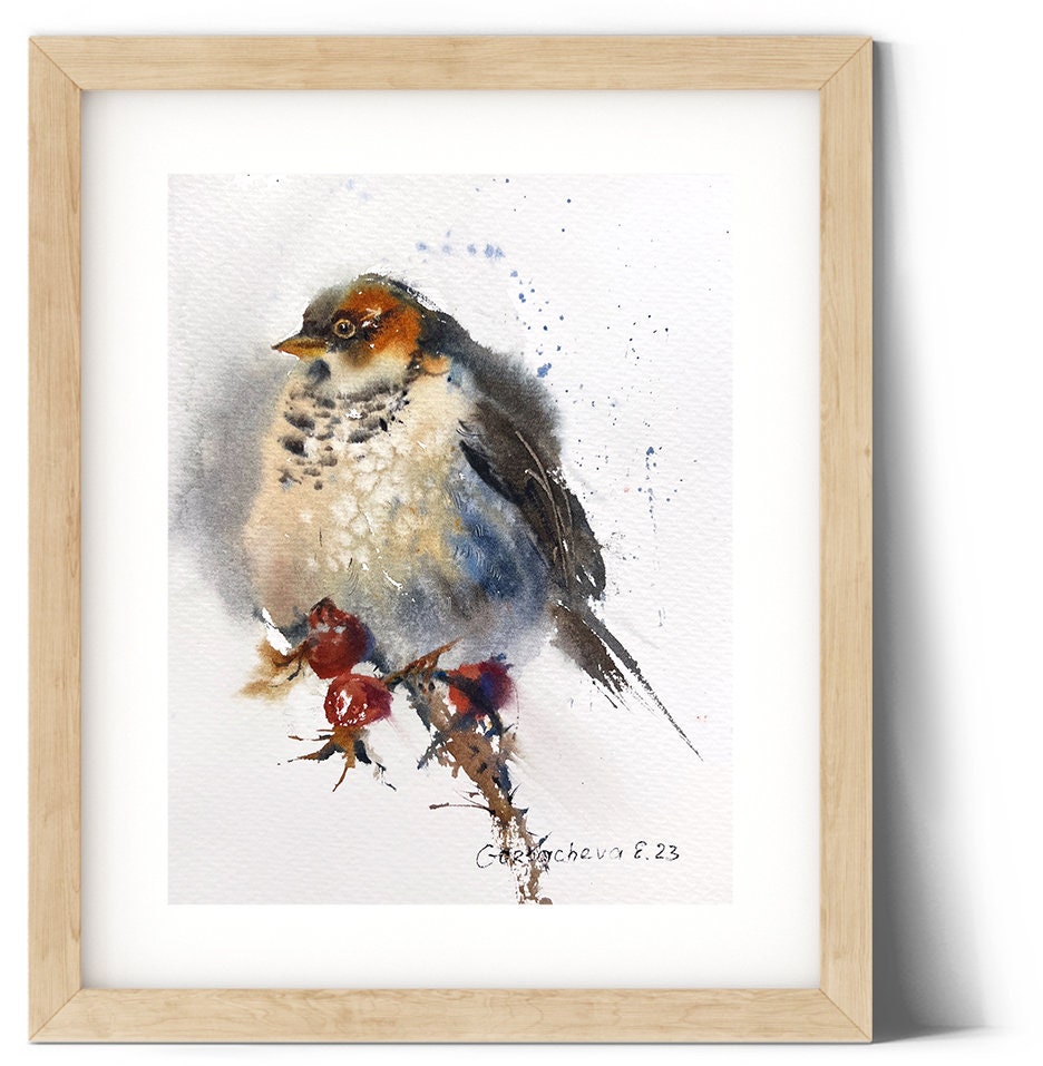オリジナル水彩画「鳥の絵：灰色の鳥と赤いベリー」7x9インチ - Etsy 日本