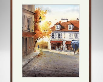 May include: Watercolor painting of a street scene in a European city. The street is lined with buildings, one of which has a sign that reads "A. St. Pierre et Fils, Confiseur". There are trees with orange leaves in the foreground, and people walking on the street.