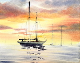 オリジナルの海景水彩画：夕暮れのヨット、航海をテーマにした