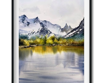 自然にインスパイアされた水彩画 - 山の湖の反射 - 9 x 12インチの