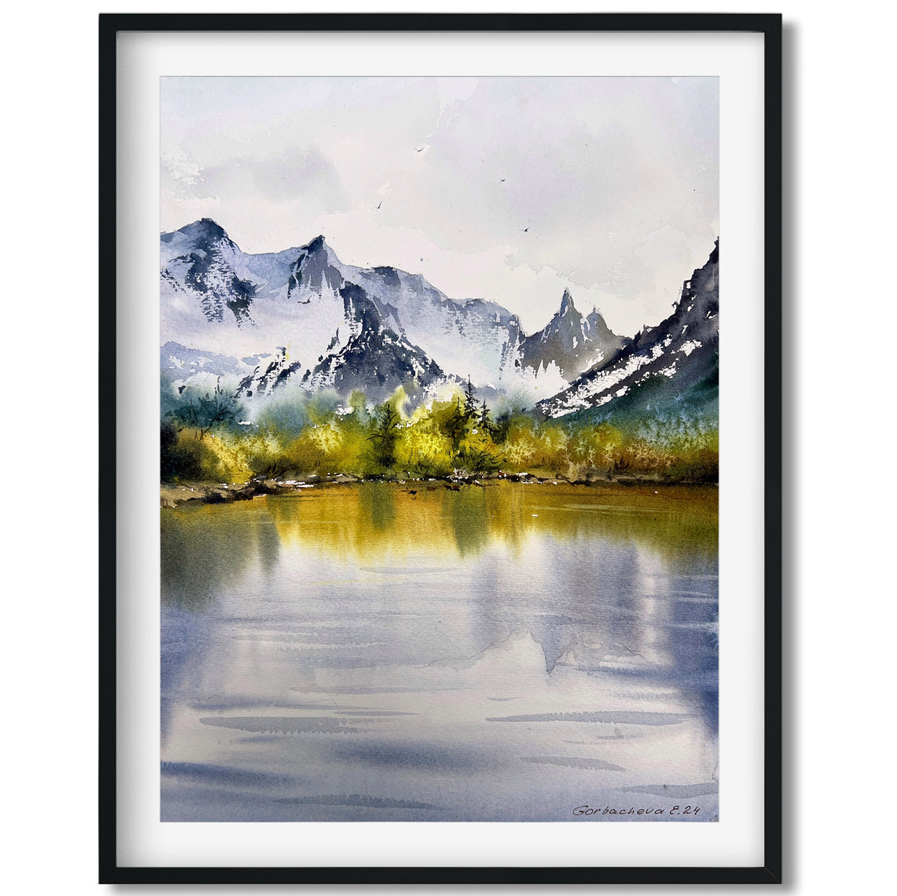 自然にインスパイアされた水彩画 - 山の湖の反射 - 9 x 12インチの