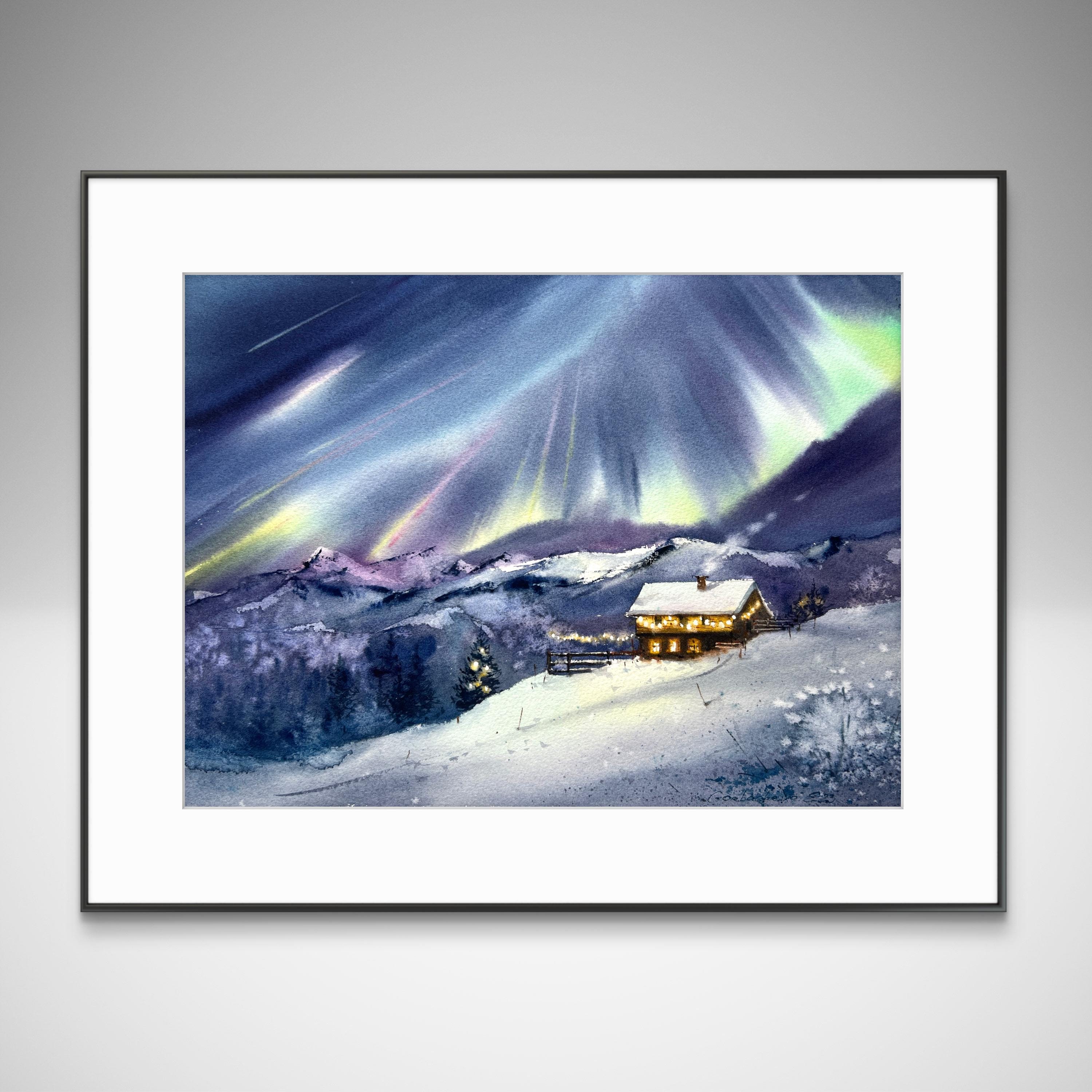 オリジナル水彩画「オーロラの絵画：冬の森の北欧の風景」 - Etsy 日本